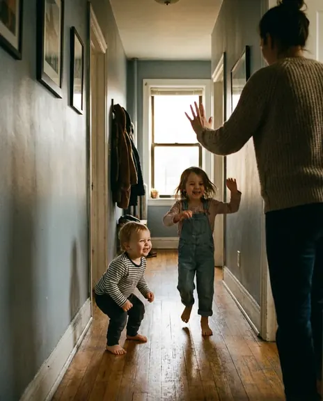 Two small kids freeze mid-run in a hallway, one in a squat, an adult holds up a hand.