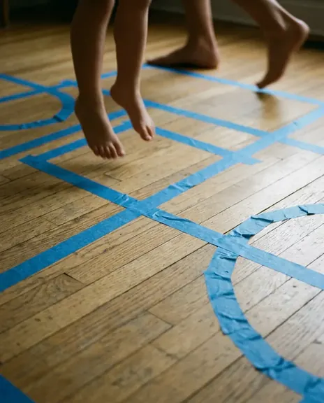Blue painter's tape squares and circles on an oak floor, small bare feet jumping into one.